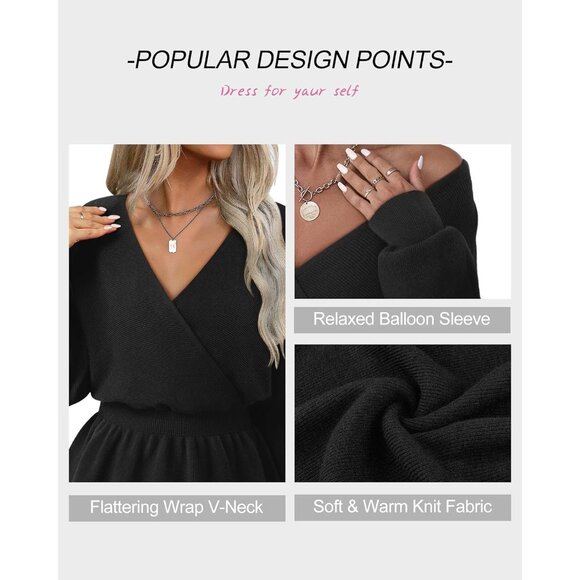 Womens Dressy Black Peplum Sweater Long Sleeve Fall Wrap V Neck Pullover Tops - Picture 6 of 6